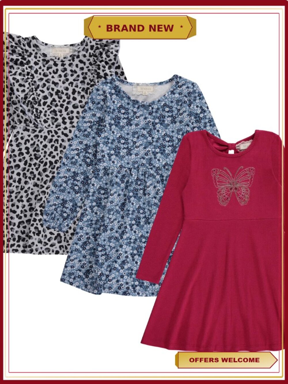 Girls 3-Pack Long Sleeve Soft Cotton Casual Dresses